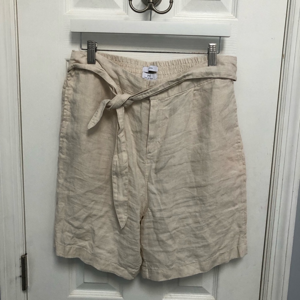 Halston 100% Linen Tie Waist High Rise Bermuda Shorts Women’s Large Beige Summer